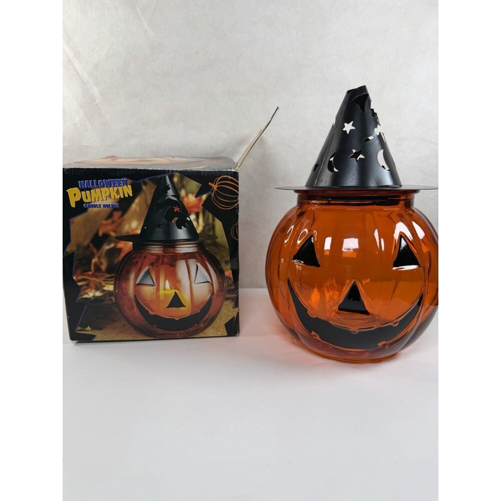 Home Essentials Orange Glass Pumpkin Witch Hat Candle Holder Lantern With Box
